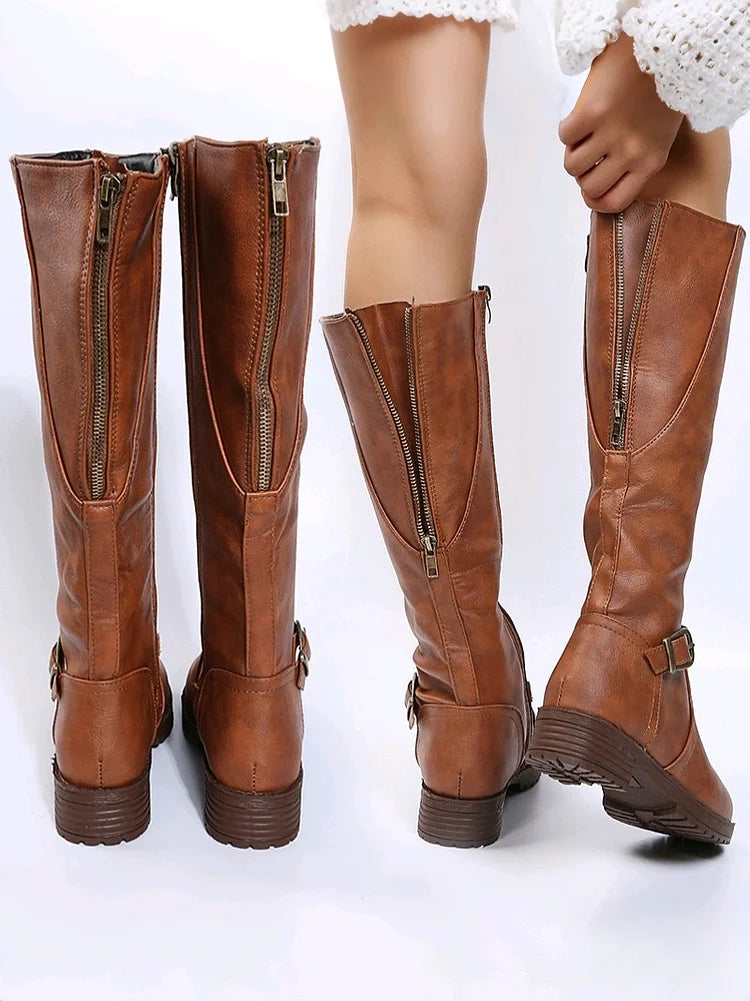 Women’s Winter Low-Heel Leather Support Knee Boots